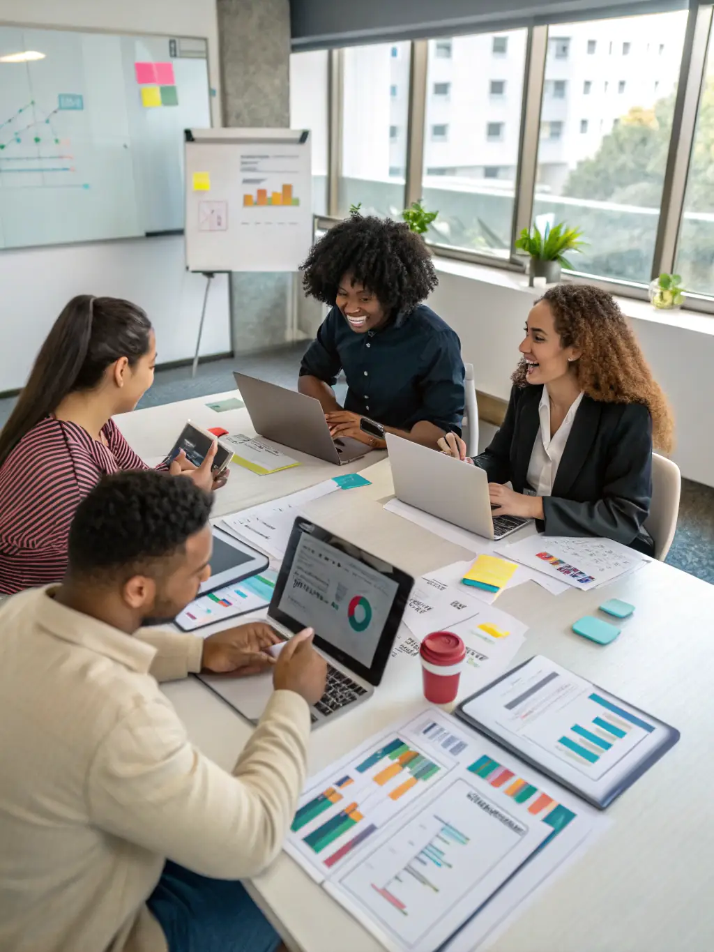 A diverse team collaborating on digital marketing strategies in a modern office setting, symbolizing Rankreach Digital L.L.C.'s comprehensive approach.