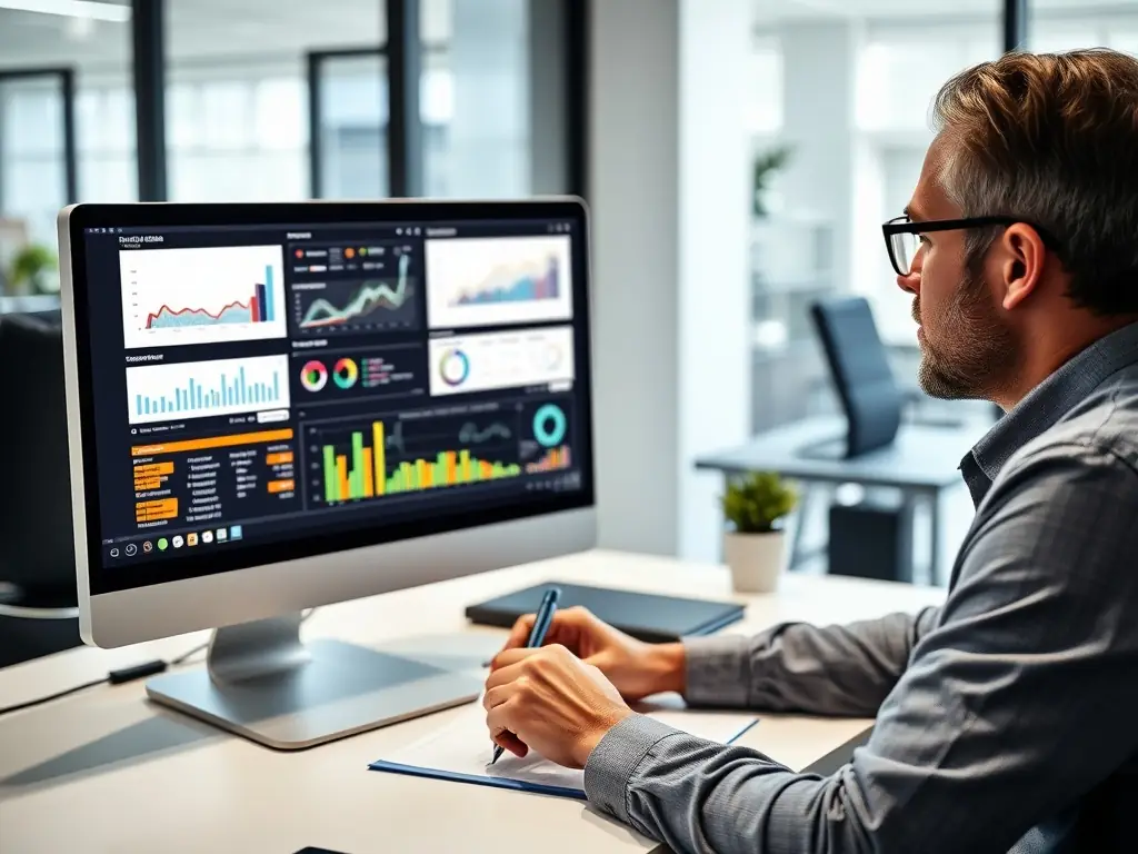 A focused digital marketing team member analyzing SEO data on a laptop, showcasing the data-driven approach to improving search engine rankings for a client.