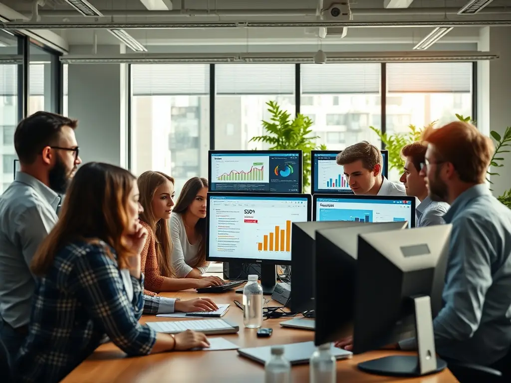 A professional workspace with team members collaborating on SEO strategies, analyzing data on laptops, and discussing optimization techniques.