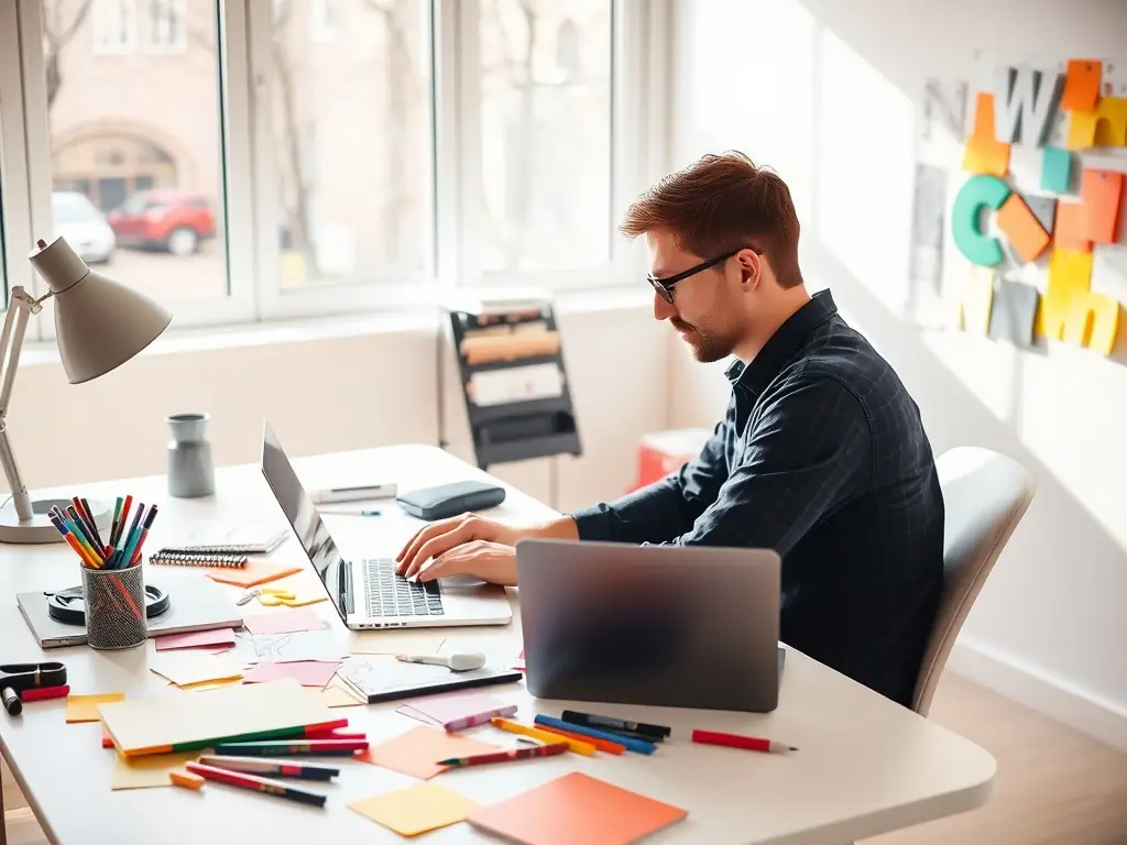 A creative setup with a content creator brainstorming ideas, writing on a notepad, and using digital tools to produce engaging content.